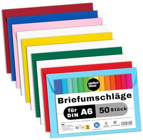 perfect ideaz - 50 Briefumschläge DIN-C6 ohne Fenster, für DIN A6 aus Recycling-Papier, 10 Farben, Made in Germany, Blauer Engel zertifiziert