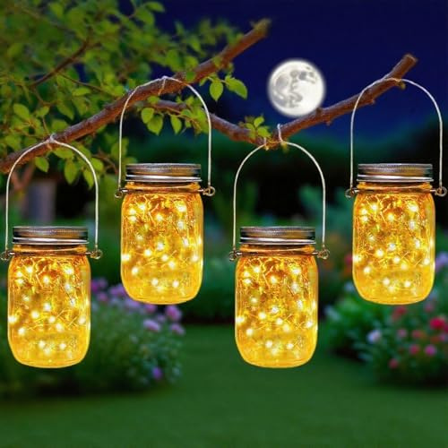 Lampe Solaire Exterieur, XVZ Lot de 4 Lanternes Solaires de Jardin 20 LED En Verre Étanche pour l'extérieur - Décoration de jardin - Pour Mariage, Fête, Mur, Table, Arbre, Noel(Blanc Chaud)