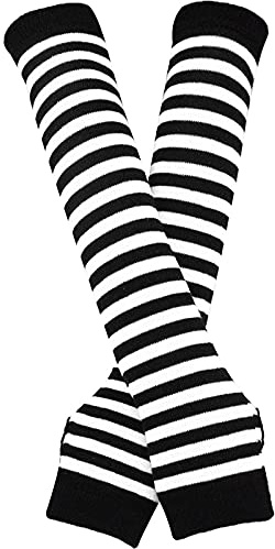 QUUPY Gants d'hiver longs tricotés à rayures noires et blanches au-dessus du coude, mitaines chauffe-bras avec trou pour le pouce