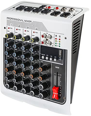 Mezclador de Audio Profesionalde 4 Canales Interfaz de Audio Mesa de Mezclas, Mesa Mezclas Dj Mixer Audio con FX/BT/USB/MP3, Mesa de Sonido Tabla de Mezclas Dj Consola de Audio Digital Controlador Dj
