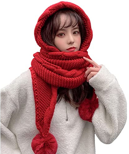 Wilitto Einteiliger Schal Hut Gehörschutz Winddicht Bequem Frauen Winter Plüsch Bälle Dekor Kapuzenschal Kostüm Zubehör Rot