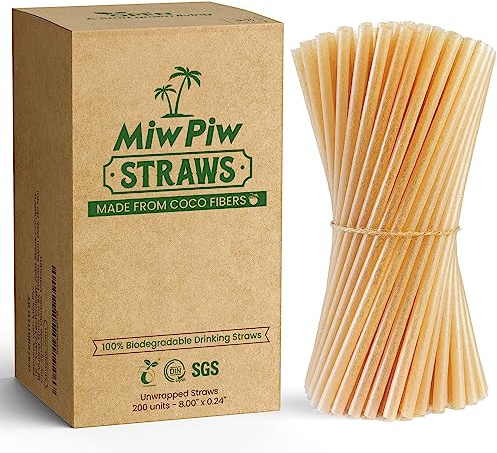 Miw Piw Biodegradable Coconut Straws Set 200 - Disposable, Plastic Free, Ecofriendly Coco Fiber Drinking Straws Bulk for Cold and Hot Beverages, Cocktail and Restaurant