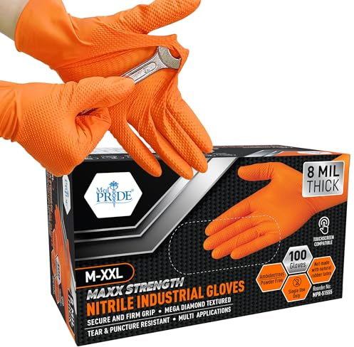 MED PRIDE Maxx Strength Nitrile Industrial 8 Mil Thick 100 Gloves/Large - Diamond Texture Disposable Safety- Heavy-Duty, Tear-Resistant Mechanic Automotive Food Handling Gloves- Orange