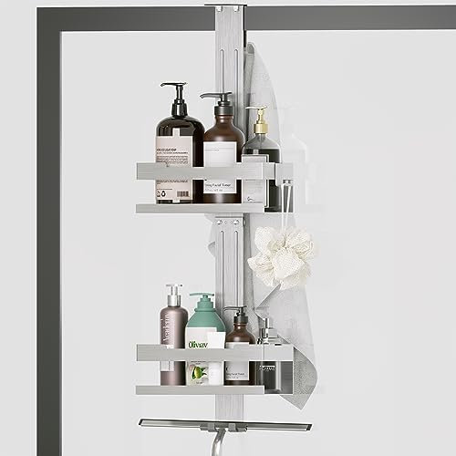 Hosanwell Mensola Doccia da Appendere Doppio Strato, Portaoggetti in SUS 304 Acciaio Inox da Appendere al Porte Doccia in Vetro con 4 ganci, Argento