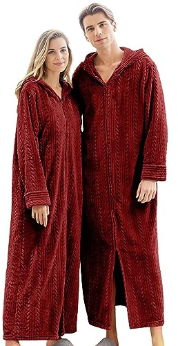 Beokeuioe Robe de chambre longue en polaire pour homme - Peignoir de bain pour femme - Douillet - Hiver - Flanelle - Avec fermeture éclair - Manteau de nuit avec capuche - Manteau de sauna - Unisexe,