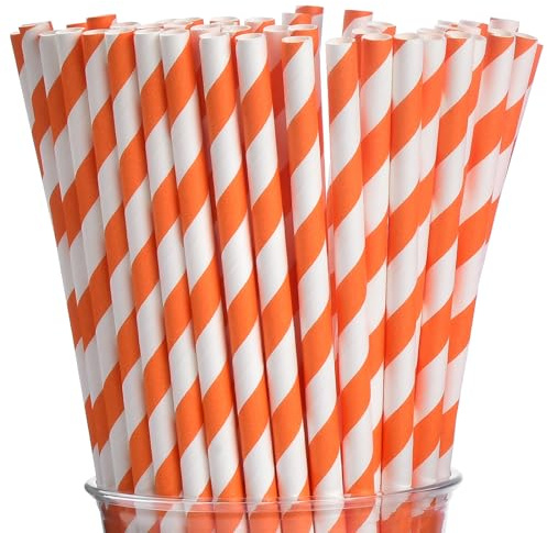 ALINK 100 Orange and White Paper Straws, 7.75 in Striped Spritz Straws