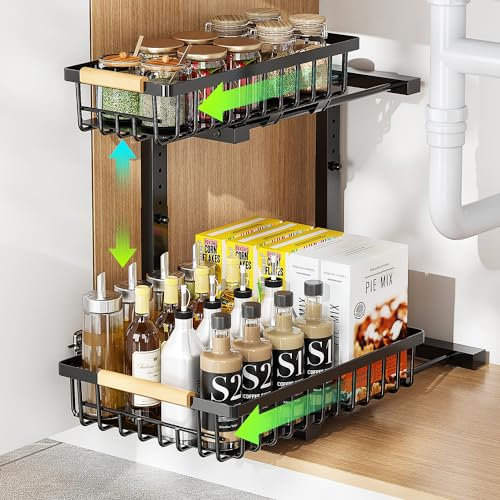 ROLIZOE 2 Tier Sliding Under Sink Storage Kitchen Organiser with 2 Pull Out Baskets 42.5cm Height Adjustable Metal Under Sink Shelf L-Shape Cupboard Organiser for Bathroom Pantry Cabinet Organization