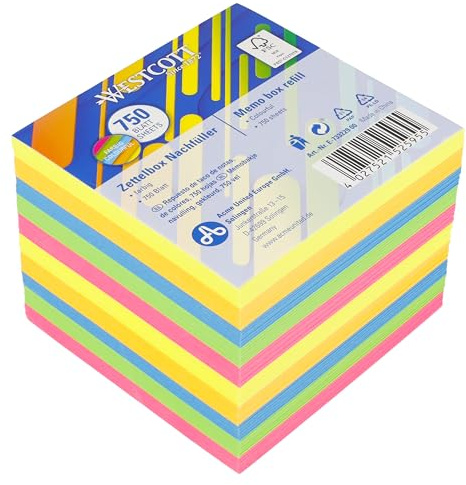 Westcott Bloc-notes multicolore 750 feuilles, recharge | Bloc-notes avec feuilles 9 x 9 cm en 5 couleurs | Recharge pour boîte distributrice | Papier 80 g/m² | E-1733229 00