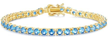 FANCIME 14K guldpläterat tennisarmband för kvinnor med syntetisk ädelsten, födelsesten presentsmycke för dig kvinnor flickor, längd 19 cm, Sterlingsilver, Blå topas
