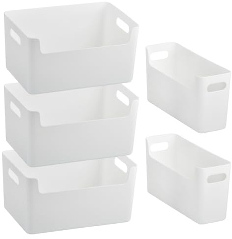 YOPEUC 5 Stück Weiße Kunststoff Aufbewahrungsbox, Kunststoff Aufbewahrungskorb mit Griffen, Vorratskörbe Aufbewahrungskorb Kunststoff, Ordnungsboxen Aufbewahrungsbox für Badezimmer Küche Schlafzimmer