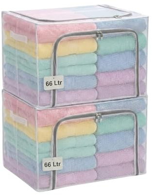 FALINGO Faltbare Aufbewahrungsboxen Faltboxen Aufbewahrungstaschen 2 x 66 Ltr stabiler Metallrahmen stapelbar Reißverschlüsse seitliche Tragegriffe transparent (2 x 50L x 40B x 33H cm)