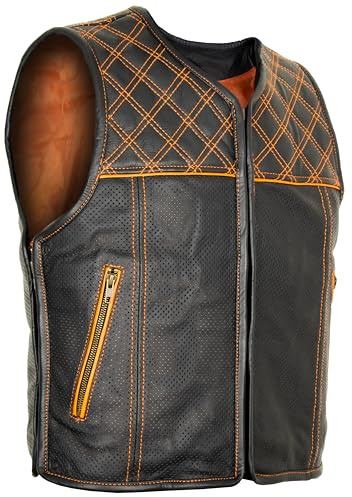 MDM Chaleco de piel para hombre con piel perforada, en negro con costuras naranjas, negro / naranja, M