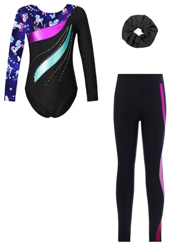 ranrann Justaucorps Gymnastique Fille Legging et Bandeau Tenue Gymnastique Ballet Danse Patinage pour Enfant Bleu marine, noir et rose 5-6 ans