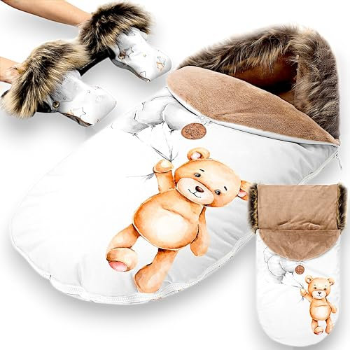 Fußsack Kinderwagen und Buggy für Winter Premium Set 90x45 cm - Fusssack Winterfußsack warme Einlage Einschlagdecke Baby Zubehör mit extra Handschuhen Teddybären