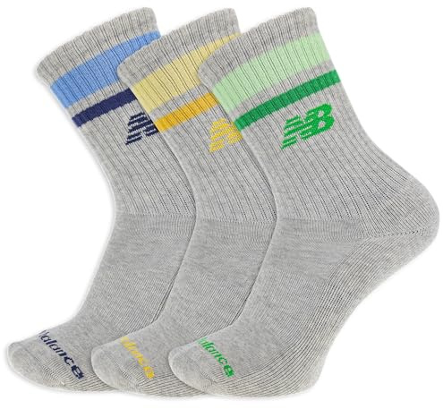 New Balance Men's and Women's Organic Cotton Crew Socks-3 Pairs-Arch Support Sport Essentials SOC, Gris con Rayas, L Unisex Adulto