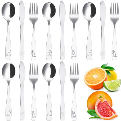 15 Piece Kids Cutlery Set 410 Stainless Steel Dinosaur Pattern Kids Utensils Set Includes 5 x Knives, 5 x Forks and Spoons, Ergonomic Smooth Eating Flatware Silverware Reusable for Age 3+ Children