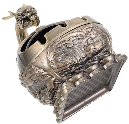 FUTUREORYY Vintage Windproof Metal Ashtray with Lid Portable Dragon Design for Use Stylish Table Decor for Home Office and Patio