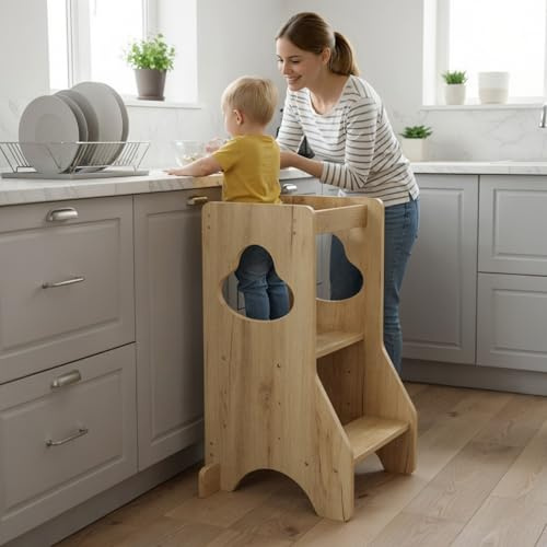 COSYLAND Torre de pie para niños pequeños de altura ajustable, taburete de madera, ayudante de aprendizaje para encimera de cocina, baño, guardería, taburete resistente para niños para cocina (natural