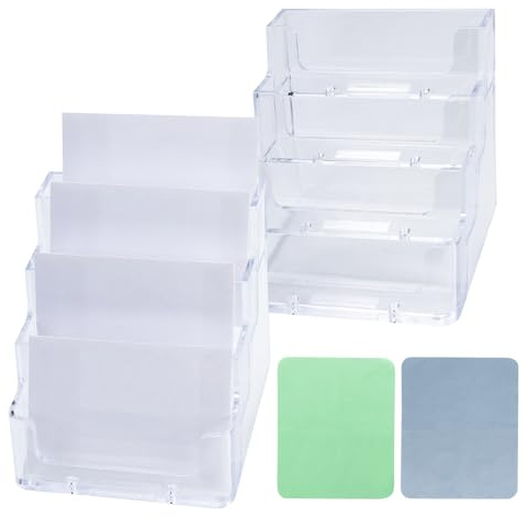 REBECCAGIBSON 2 soportes para tarjetas de visita, soporte para tarjetas de visita con 4 compartimentos, acrílico transparente, soporte para tarjetas de visita, soporte de escritorio
