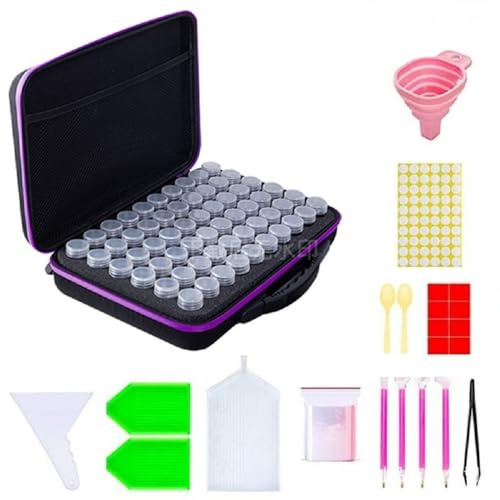 JACKANNA Set di 60 valigie per pittura con diamanti fai da te, con bottiglie di chiusura a vite e borsa degli attrezzi (Lilla (60 celle)