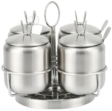 paeudomrf Stainless Steel Spice Jar Set with Revolving Rack, 12oz/350 ml Set of 4 Seasoning Box Bottle with Lids & Spoons Condiment Jar Canisters Pots Spice Container Salt Sugar Bowl for Kitchen Home