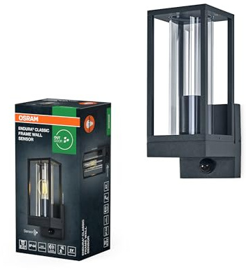 Osram Endura Classic LED Wandleuchte Frame, E27 Fassung, PIR Sensor, IP44, Aluminium dunkelgrau, Glas