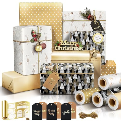 Carta Regalo Natale, 4 Rotolo Carta Regalo Natale Bambini, Carte Regali Natalizie Grande, Kit Carta Natalizia Pacchi Kraft Bianca, 43X300CM, Include Etichette e Sticker, per Natales Feste Compleanno