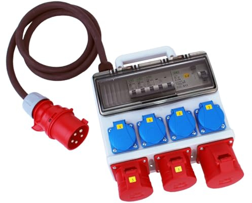 CEE Stromverteiler Baustromverteiler Wandverteiler CEE 32A / 400V auf 1x32A 2x16A und 4x230V FI-Absicherung und Tragegriff