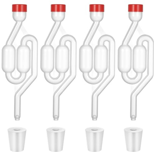 AIOUHMYM 4 Pz Chiusure di Gorgogliatore Fermentazione per Damigiane, Tubi di Fermentazione Birra con Tappi di Gomma, Palloncino di Fermentaziones in Silicone a Forma di S per Vino Crauti Accessori