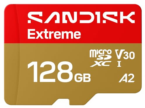 SANDISK Extreme microSDXC UHS-I Card + SD Adapter, 128 GB (upp till 245 MB/s läshastighet och 120 MB/s skrivhastighet, 5.3K video, C10, V30, U3, A2)