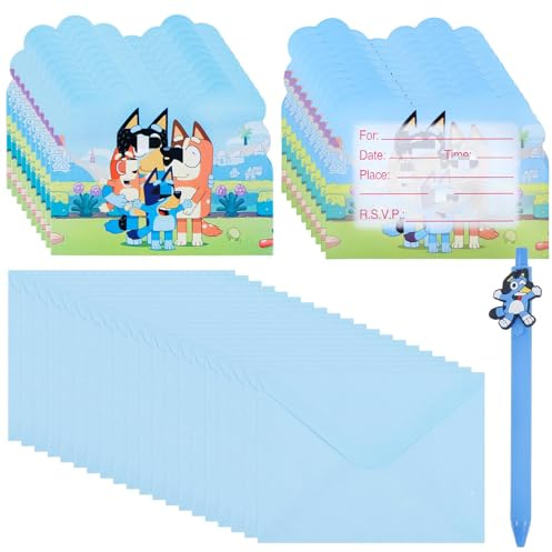 20PCS Bl-ue Party Invitations Kids+ 1Pcs Kawaii Gel Pen, Cartoon Birthday Invitations,Kids Party Invites with 20 Envelopes,Invite Cards Birthday Supplies Double Sided Invites Cards for Boys Girls