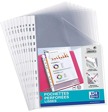 OXFORD 100 Pochettes Plastiques A4 Perforées lisses pour usage régulier