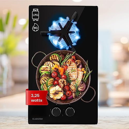 Klarstein Encimera Cocina de Gas 2 Quemadores, Placa de Gas 3.25kW para Cocina, Cocinas de Gas con Quemador Wok de Acero Inoxidable, Encimera Gas 2 Fuegos con Quemadores de Gas para Casa