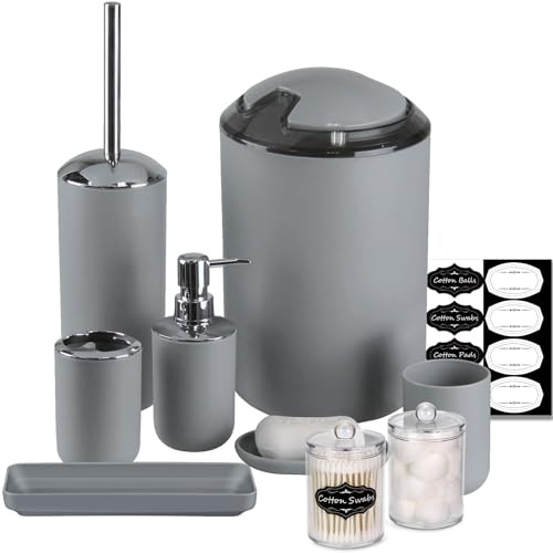 IMAVO Badezimmer-Zubehör-Set – 8-teiliges graues Badezimmer-Zubehör-Set mit Mülleimer, Seifenspender, Seifenschale, Zahnbürstenhalter, WC-Bürstenhalter, Qtip-Halterspender mit Etiketten