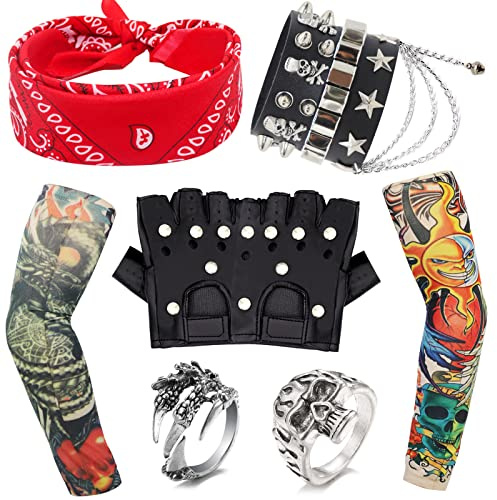 9 Pezzi Costume Rock Accessori, Accessori Costume Punk con Falso Tatuaggio Maniche Copre Bandana Nero PU Guanti Bracciale e Anelli per Donne Uomini Adulti Festa degli Anni 70 80 90