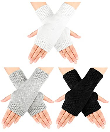 Bencailor 3 Paar Damen Fingerlose Handschuhe Winter Thermo Gestrickt Pulswärmer Daumenloch Warme Fäustlinge (Schwarz, Weiß, Hellgrau)