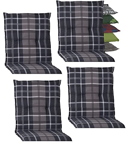 Beo Niedriglehner Auflagen 4er Set Barcelona | Made in EU nach Öko-Tex Standard | Waschbare Stuhlauflage Niedriglehner mit Halteband | Atmungsaktive Auflagen Niedriglehner in Grau-Anthrazit Kariert