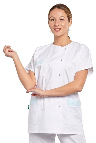 Hurry Jump Tunique medicale Femme Infirmière Aide soingante Blanche Parement rayé Vert Poches T3