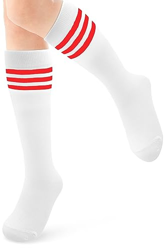 ALLY-MAGIC Knee High Socks, Casual Thigh High Socks White Black Striped Boot Socks, 3 Striped Long Tube Stockings for Women Girls Daily Wear Y7TWGXW (red)