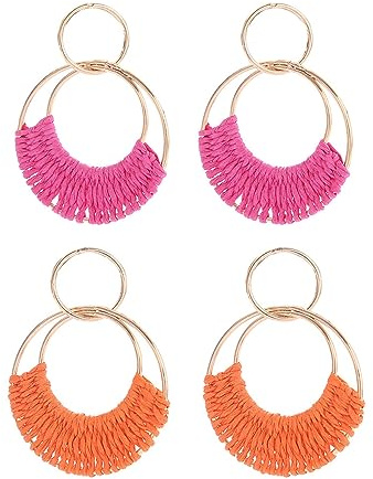 FDEETY Boucles D'oreilles en Raphia pour Femmes et Filles Bohème Main Braid Hoop Baisse Balancent Boucles D'oreilles D'été pour Plage (Rose + Orange)