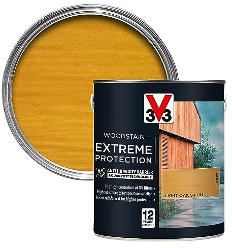 V33 Extreme Protection Woodstain - 12-Year Guarantee - Extreme Weather Protection - Anti-Humidity Barrier - Only 2 Coats - Light Oak 2.5 litres