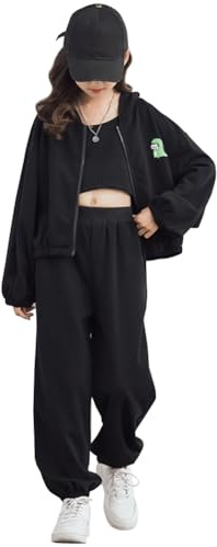 SXSHUN Ensemble de Jogging Enfant Fille 3 pièces Survetement Veste à Capuche + Gilet Sans Manches + Pantalon de Jogging pour Printemps Automne, Noir, 11 ans-12 ans