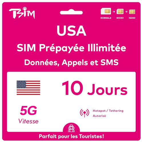 Tarjeta SIM de EE. UU. 10 días. Red T-Mobile con Datos ilimitados de Alta Velocidad en 5G/4G/LTE | Llamadas Locales y Mensajes ilimitados en EE. UU. (Incluido Hawái). ¡Tarjeta SIM 5G!