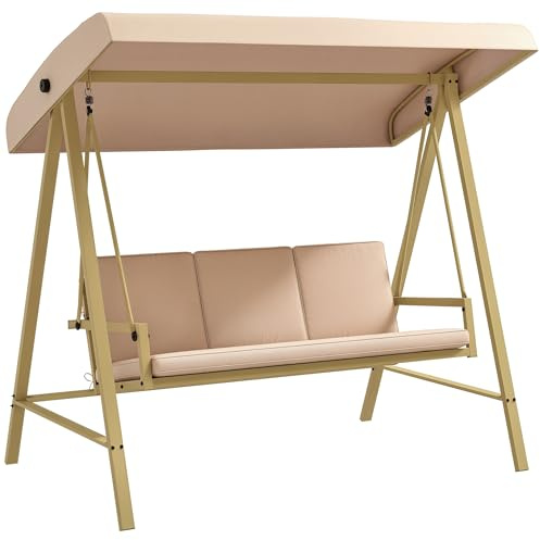 Outsunny Dondolo 3 Posti con Tettuccio Inclinabile e Cuscini, Dondolo da Giardino in Acciaio e Texteline, 200x125x175 cm, Beige e Marrone