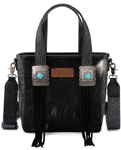 Wrangler Sac fourre-tout en cuir de vache pour femme Motif gravé Western avec franges en cuir, Noir occidental, Large