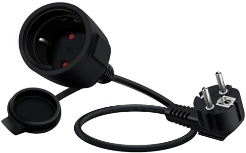 HuaLiSiJi Cable D'extension Schuko Coudé 16A 250V Mini Rallonge Electrique Rallonge électrique Courte Schuko 2 AC Prise IP44 pour Utilisation Extérieure ou Intérieure (Noir, 1m)