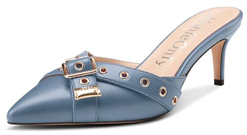 NobleOnly Femmes Mi Kitten Talon Heel Fermé Pointu Bout Mules Chaussures Party Dress Slip-on Escarpins 6.5 CM Heels Bleu Denim 37 EU