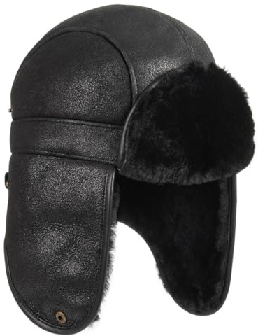 Harssidanzar Cappelli da Trapper aviatore per Uomo e Donna Cappello caldo invernale in pelle di Agnello Shearling CU610EU, Nero, Taglia XL