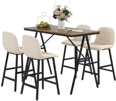 HOMCOM Bartisch Set Bartisch mit Barhocker-Set Esstisch mit 4 Stühlen mit Rückenlehne Küchentisch für Esszimmer, Küche, Beige