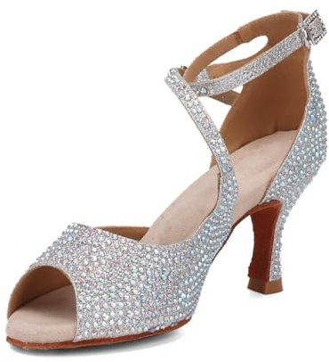 Syrads Scarpe da Ballo Latino da Donna Salsa in Raso Scarpe da Ballo da Ballo da Sala per Principianti sociali Salsa Festa da Ballo Latino,Argento 7.5cm Heel,36 EU